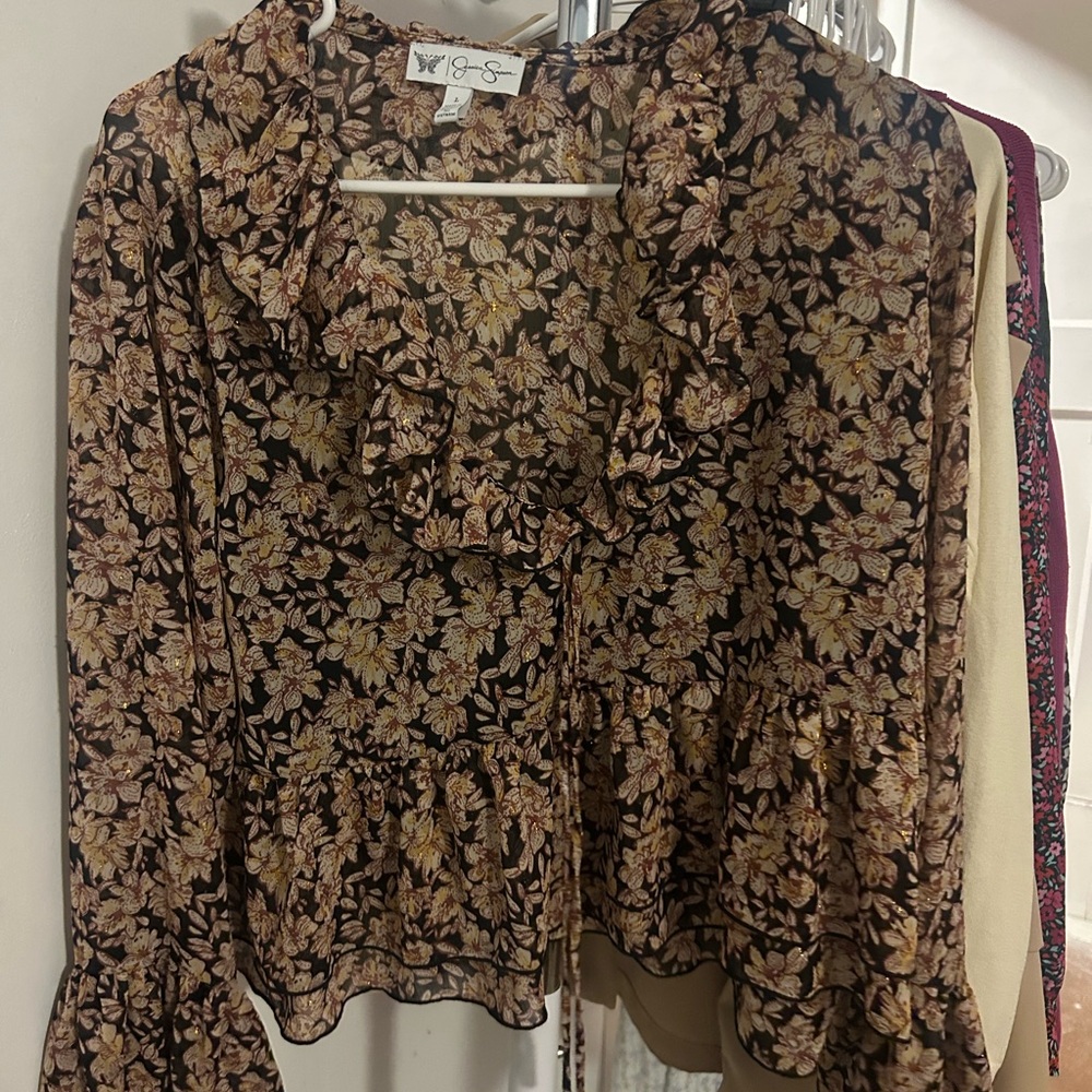 Jessica Simpson Floral Ruffle Blouse - Black and Cream